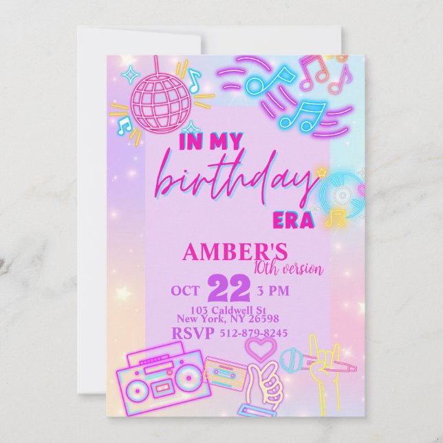 In my birthday Era Retro Neon Birthday Invitation (Front)