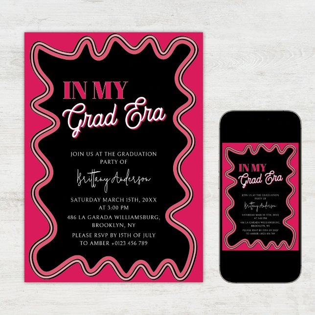 In My Grad Era Pink and Black Squiggly Graduation Invitation (Creator Uploaded)