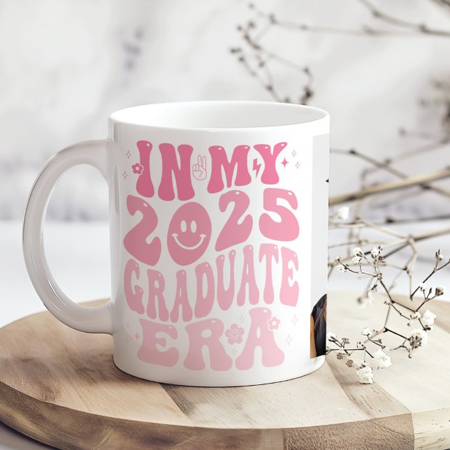 "In My Graduate Era" Pink Retro Custom Photo Coffee Mug ("In My Graduate Era" Pink Retro Custom Photo Coffee Mug on a boho kitchen table with white flowers)