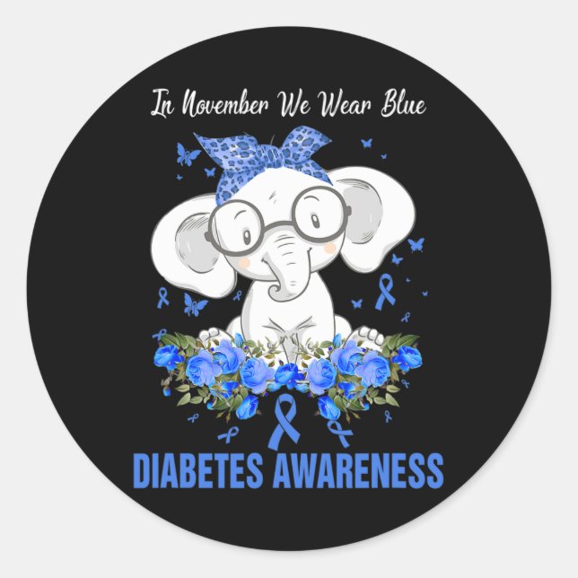 In November We Wear Blue Elephant Diabetes Awarene Classic Round Sticker (Front)