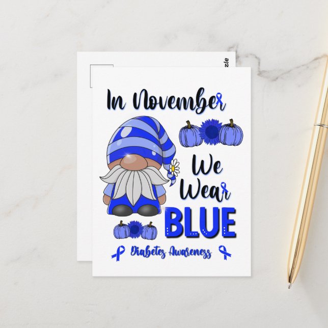 In November We Wear Blue: Gnome Diabetes Awareness Postcard (Front/Back In Situ)