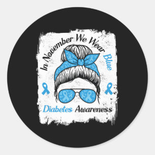 In November We Wear Blue Messy Hair Type Diabetes Classic Round Sticker