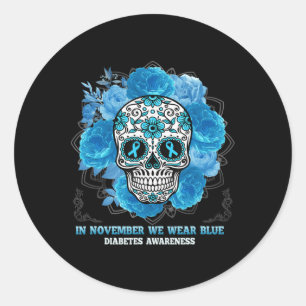 In November We Wear Blue Sugar Skull Diabetes Awar Classic Round Sticker