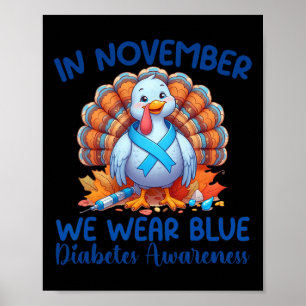 In November We Wear Blue Turkey Thankful Diabetes  Poster