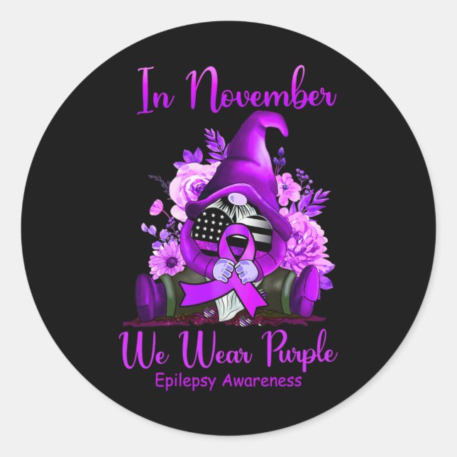 In November We Wear Purple Gnome Ribbon Epilepsy A Classic Round Sticker (Front)
