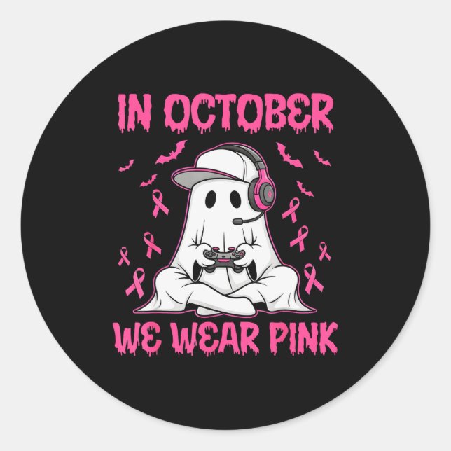 In October We Wear Nk Breast Cancer Gaming Ghost Y Classic Round Sticker (Front)
