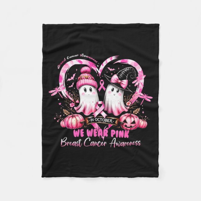 In October We Wear Nk Breast Cancer Heart Dragonfl Fleece Blanket (Front)