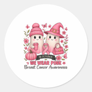 In October We Wear Nk Cute Ghost Breast Cancer Awa Classic Round Sticker