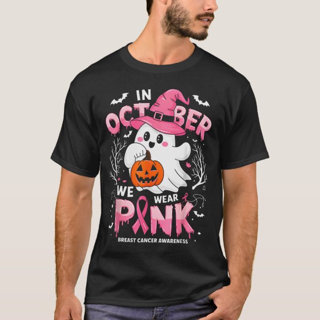 In October We Wear Nk Funny Halloween Ghost Breast T-Shirt (Front)