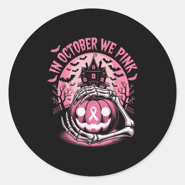In October We Wear Nk Halloween Pumpkin Skeleton D Classic Round Sticker (Front)