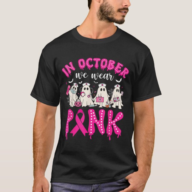 In October We Wear Nk Ribbon Ghost Nurse Halloween T-Shirt (Front)