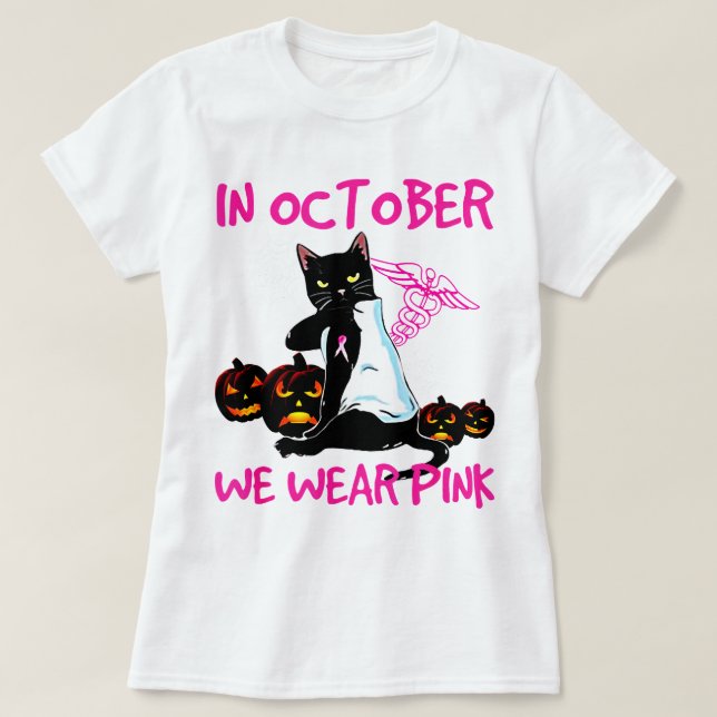  In October We Wear Pink Black Cat Breast Cancer.. T-Shirt (Design Front)