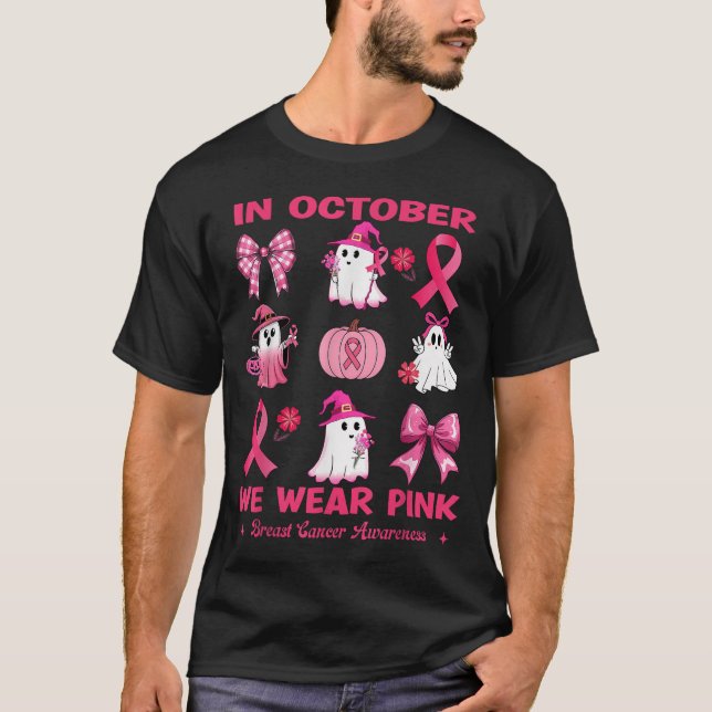 In October We Wear Pink Breast Cancer Cute Ghosts  T-Shirt (Front)