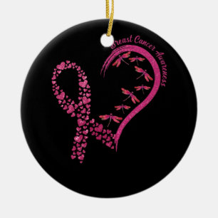 In October We Wear Pink Breast Cancer Dragonfly Ceramic Ornament