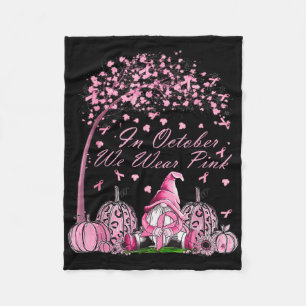 In October We Wear Pink Breast Cancer Gnome Autumn Fleece Blanket