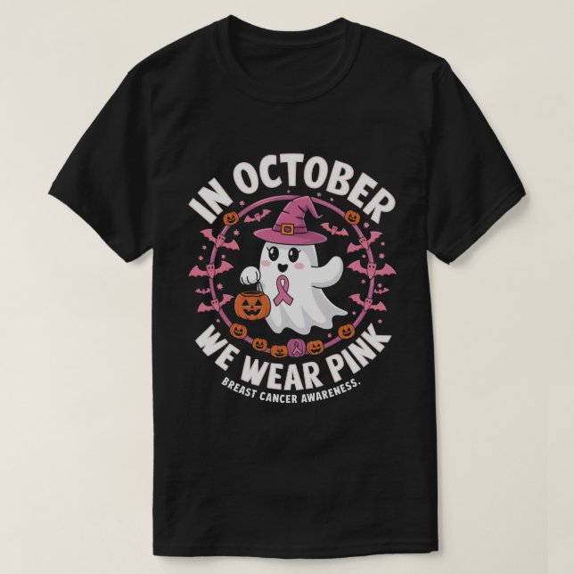 In October We Wear Pink Cancer Awareness Halloween T-Shirt (Design Front)