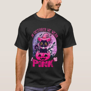 In October We Wear Pink Cute Black Cat Pumpkin Hal T-Shirt