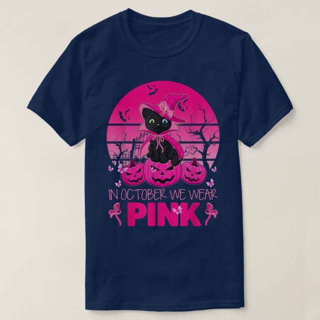 In October We Wear Pink Cute Cat Halloween Breast  T-Shirt (Design Front)