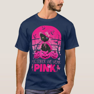 In October We Wear Pink Cute Cat Halloween Breast  T-Shirt