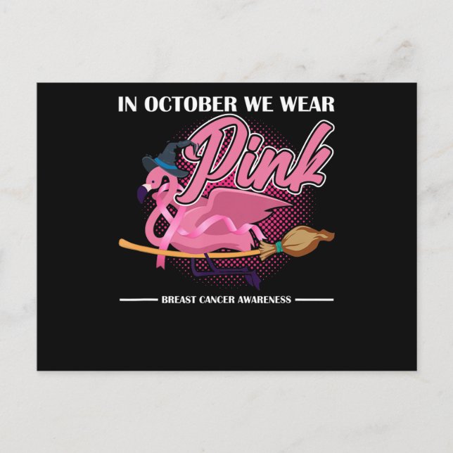 In October We Wear Pink Flamingo Riding Brush Announcement Postcard (Front)