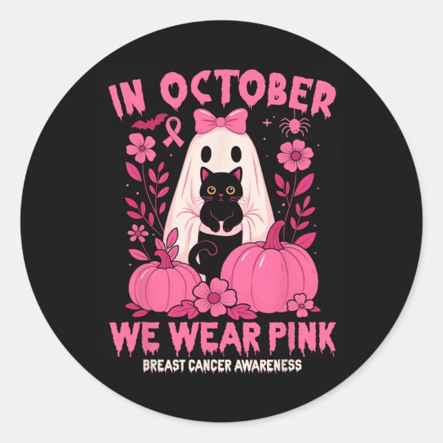In October We Wear Pink Ghost Black Cat Floral Bre Classic Round Sticker (Front)