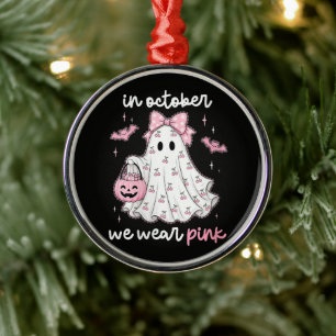 in October We Wear Pink Ghost Halloween Metal Ornament