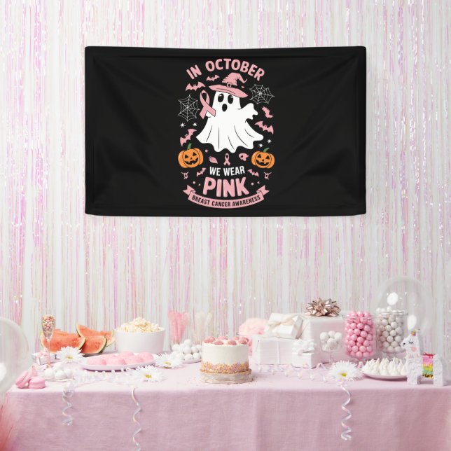In October We Wear Pink Ghost Witch Breast Cancer  Banner (Party)