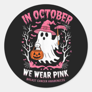 In October We Wear Pink Ghost Witch Breast Cancer  Classic Round Sticker
