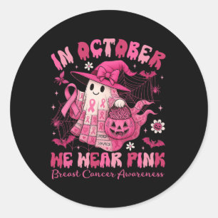 In October We Wear Pink Ghost Witch Patchwork Brea Classic Round Sticker