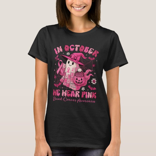 In October We Wear Pink Ghost Witch Patchwork Brea T-Shirt (Front)