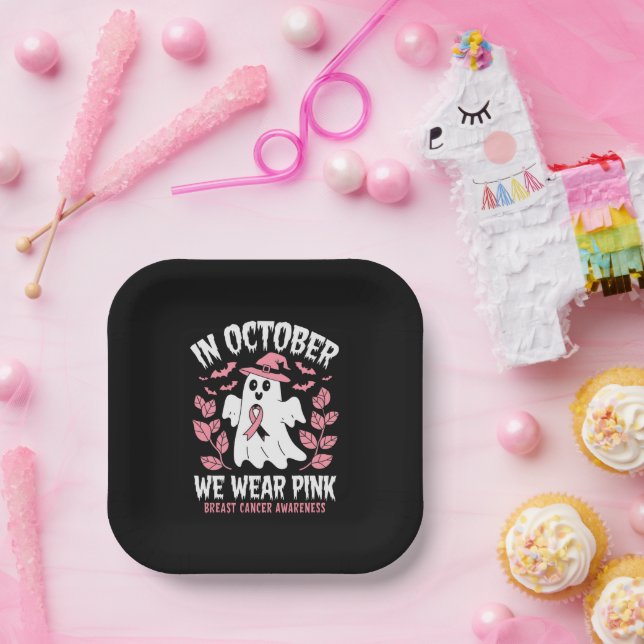 In October We Wear Pink Halloween Witch  Paper Plate (Party)
