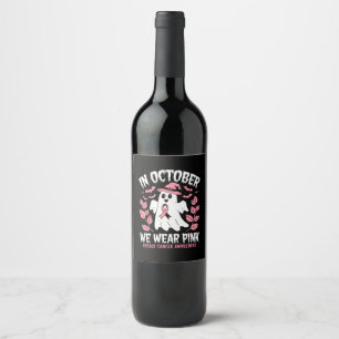 In October We Wear Pink Halloween Witch Wine Label