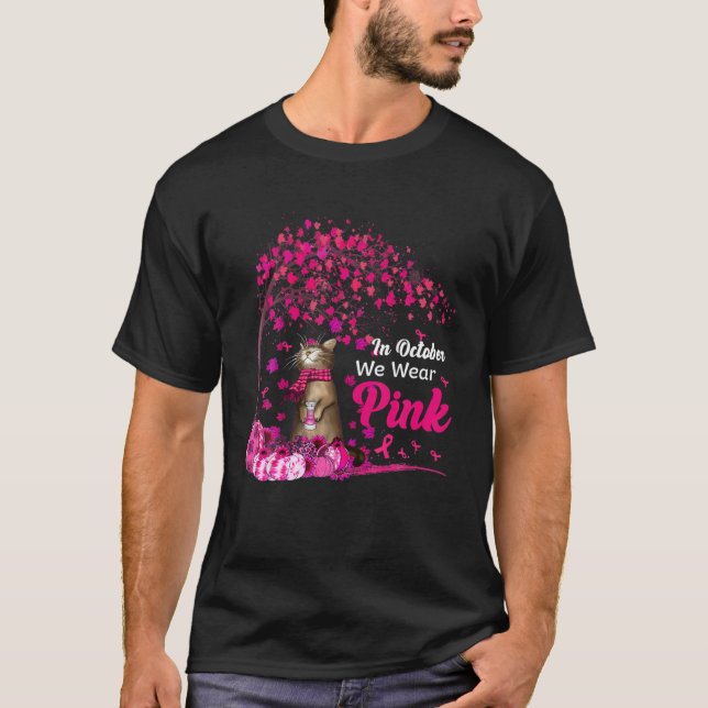 In October We Wear Pink Pumpkin Cat Breast Cancer T-Shirt (Front)