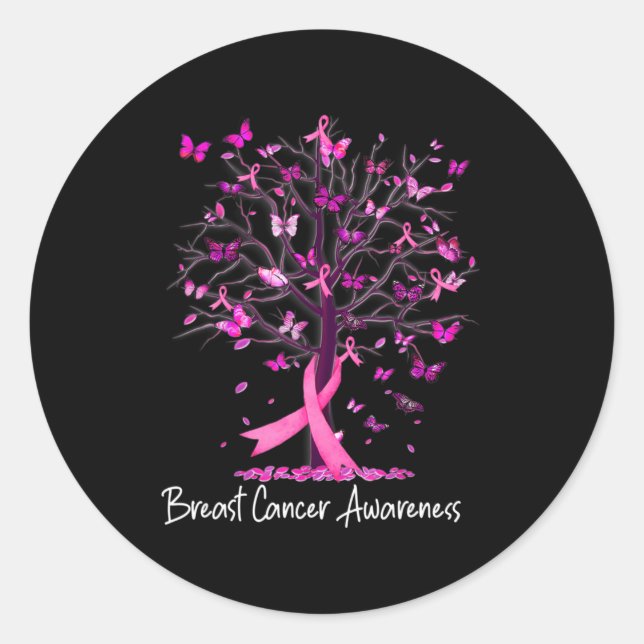 In October We Wear Pink Ribbon Tree Breast Cancer  Classic Round Sticker (Front)