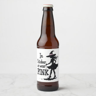 In October We Wear Pink Witches Halloween Party Beer Bottle Label