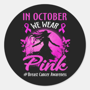 In October We Wear Ribbon pink Halloween Witch Bre Classic Round Sticker