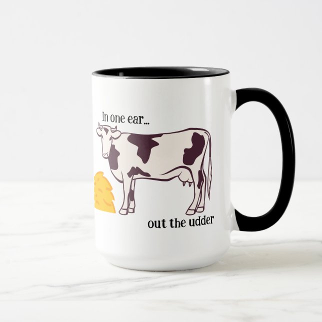 "In one ear..." Cow Pun Customisable Coffee/Tea Mug (Right)