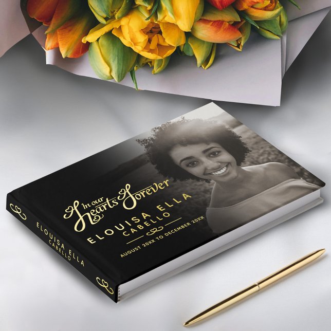 In our hearts forever funeral photo black gold guest book (Creator Uploaded)