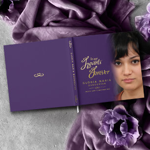 In our hearts forever funeral photo purple gold guest book
