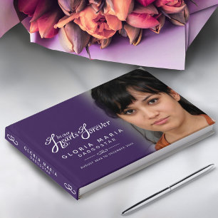 In our hearts forever funeral photo purple silver guest book