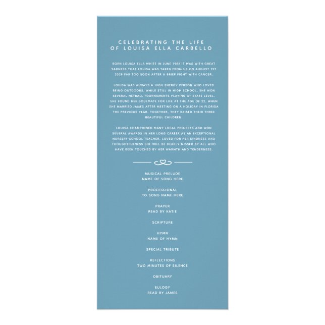 In our hearts funeral program white and blue rack card (Front)