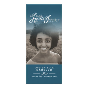 In our hearts funeral program white and steel blue rack card