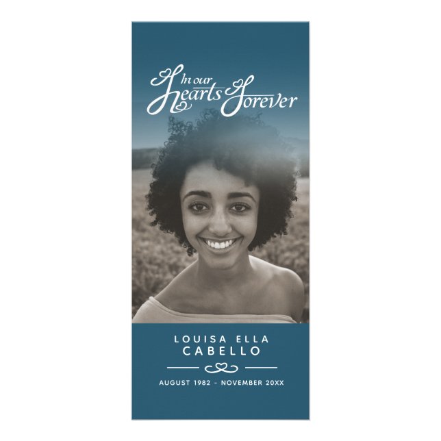 In our hearts funeral program white and steel blue rack card (Back)