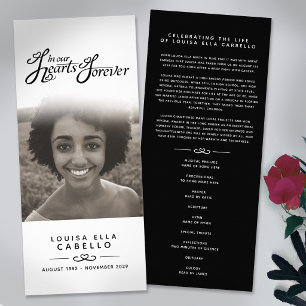 In our hearts funeral program white black mono rack card