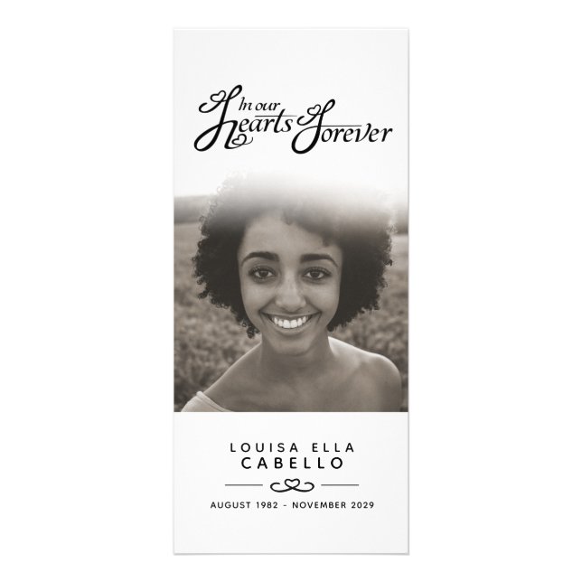 In our hearts funeral program white black mono rack card (Back)