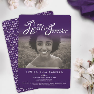 In our hearts photo funeral purple invitations