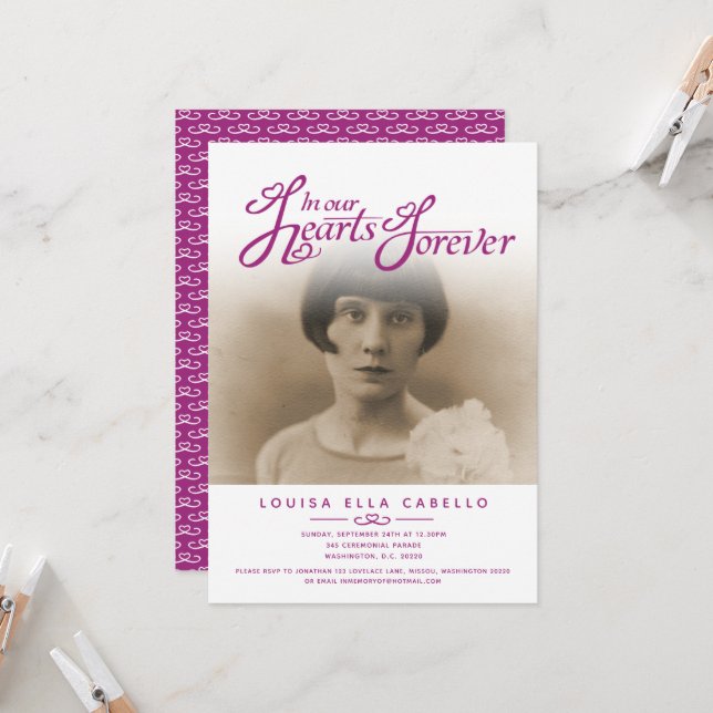 In our hearts photo funeral white mauve purple invitation (Front/Back In Situ)