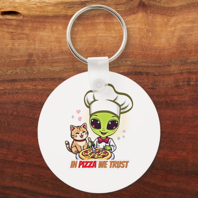 In Pizza We Trust Alien Chef Art Key Ring (Front)