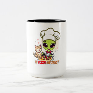 In Pizza We Trust Alien Chef Art Two-Tone Coffee Mug