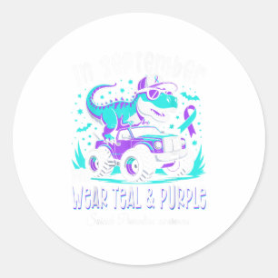 In September We Wear Teal And Purple T Rex Dinosau Classic Round Sticker
